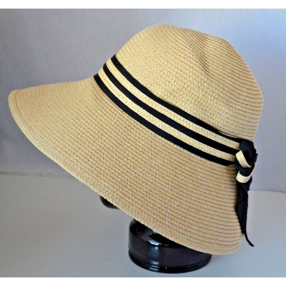 SIGGI Straw Sun Hat Womens Black Band Bow Wide Brim 57cm Split Back Beach Garden